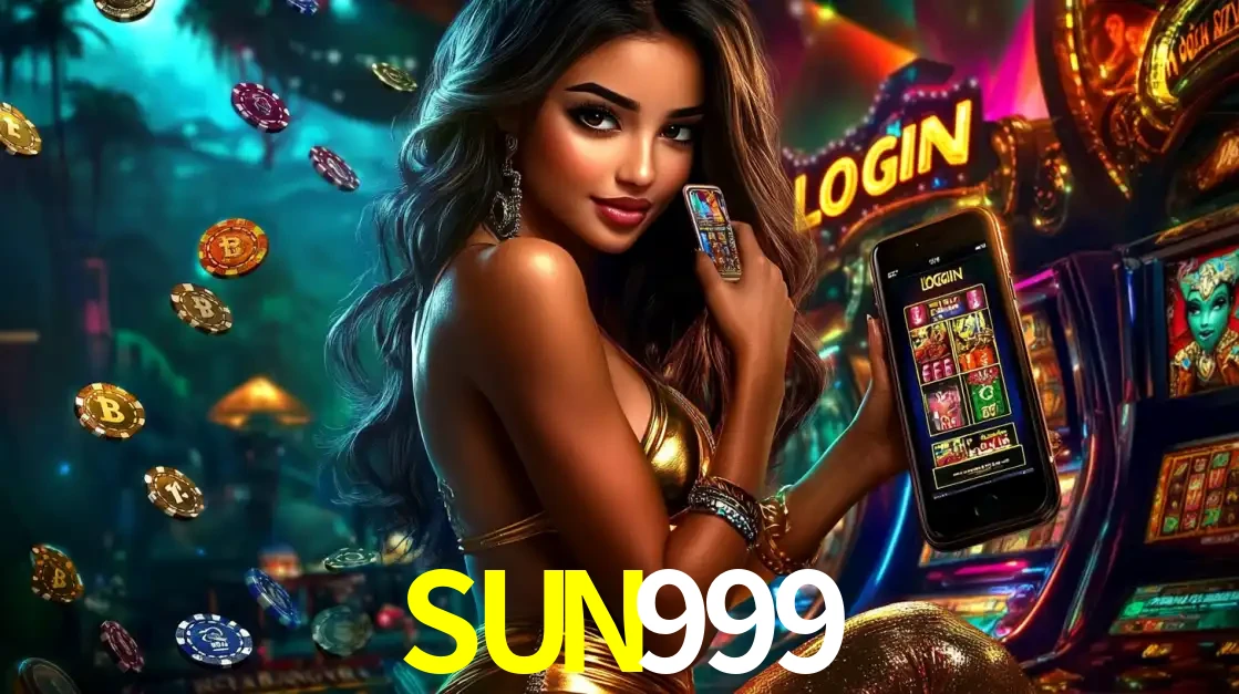 Mulher em um cenário de cassino temático de aventura, mostrando o app de caça-níqueis da SUN999 no celular. Fichas de apostas flutuam ao redor.