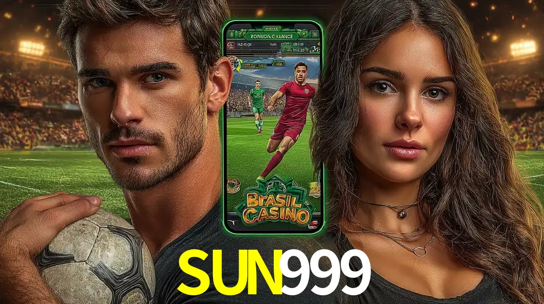 Homem segurando uma bola de futebol e uma mulher ao lado de um smartphone exibindo o jogo de apostas esportivas da SUN999. Faça seu palpite no cassino online.